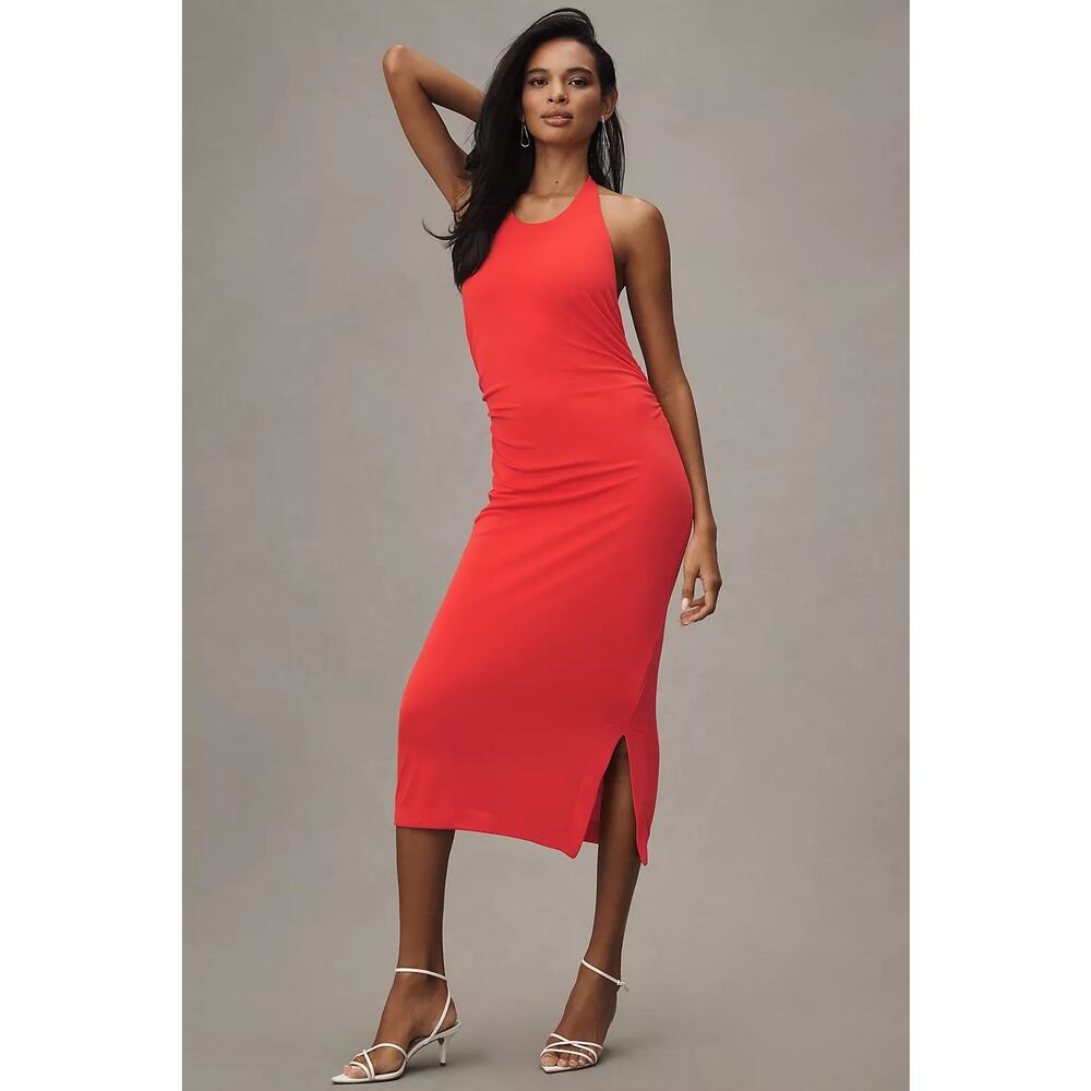 New Anthropologie Slinky Knit Halter Dress $168 X-LARGE Bright Red CUTOUT